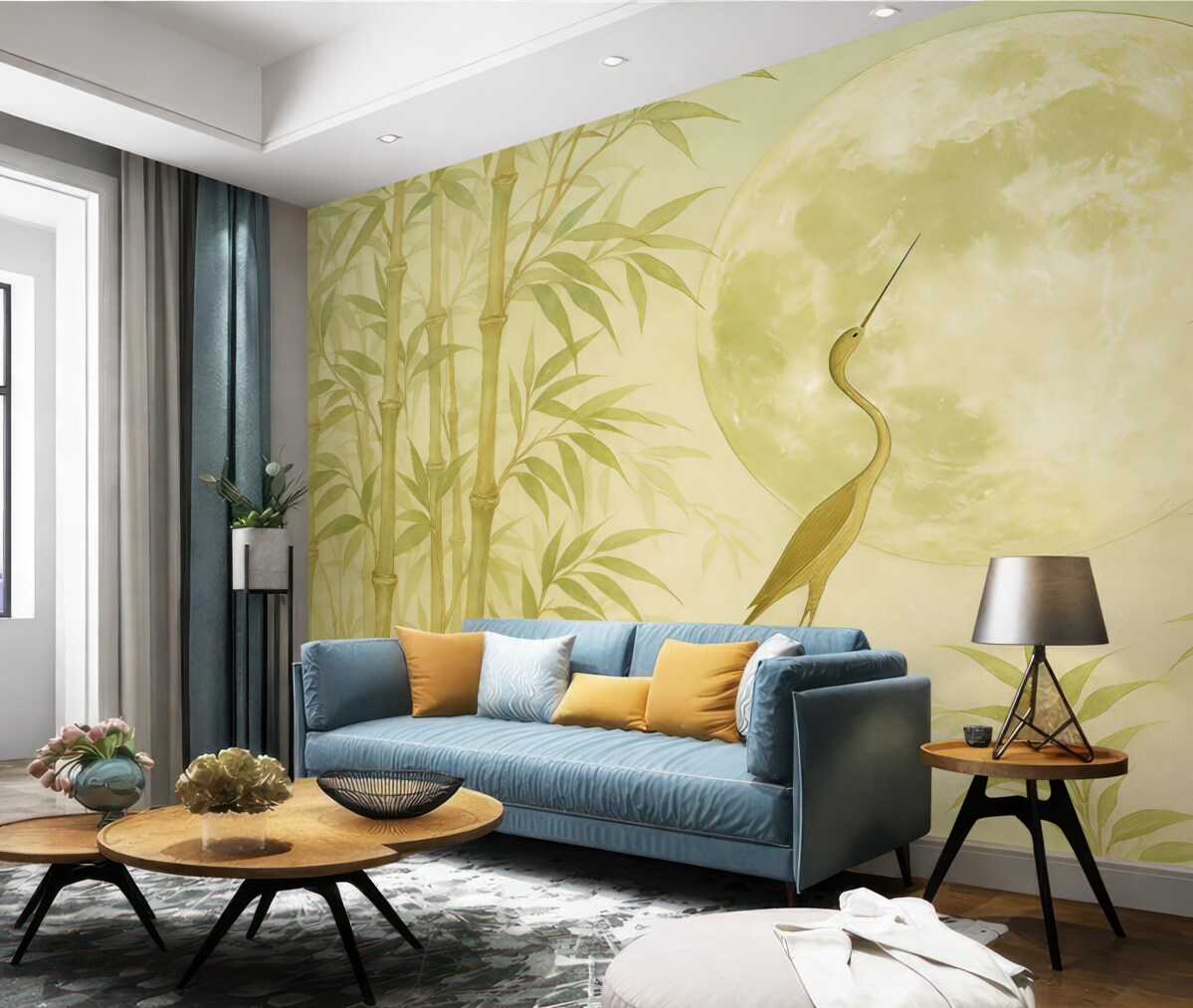 Fototapeta Bambus, konary i pędy, żuraw, luna, azjatycki, zielony oraz kremowy, odcień szary.