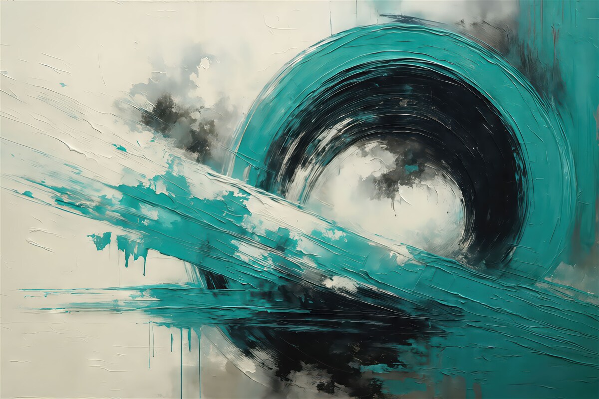 Fototapeta Abstrakcyjna okrągła forma w odcieniach turkusowo-czarnych, malarskie smugi na szarym tle z teksturowanymi rysami.