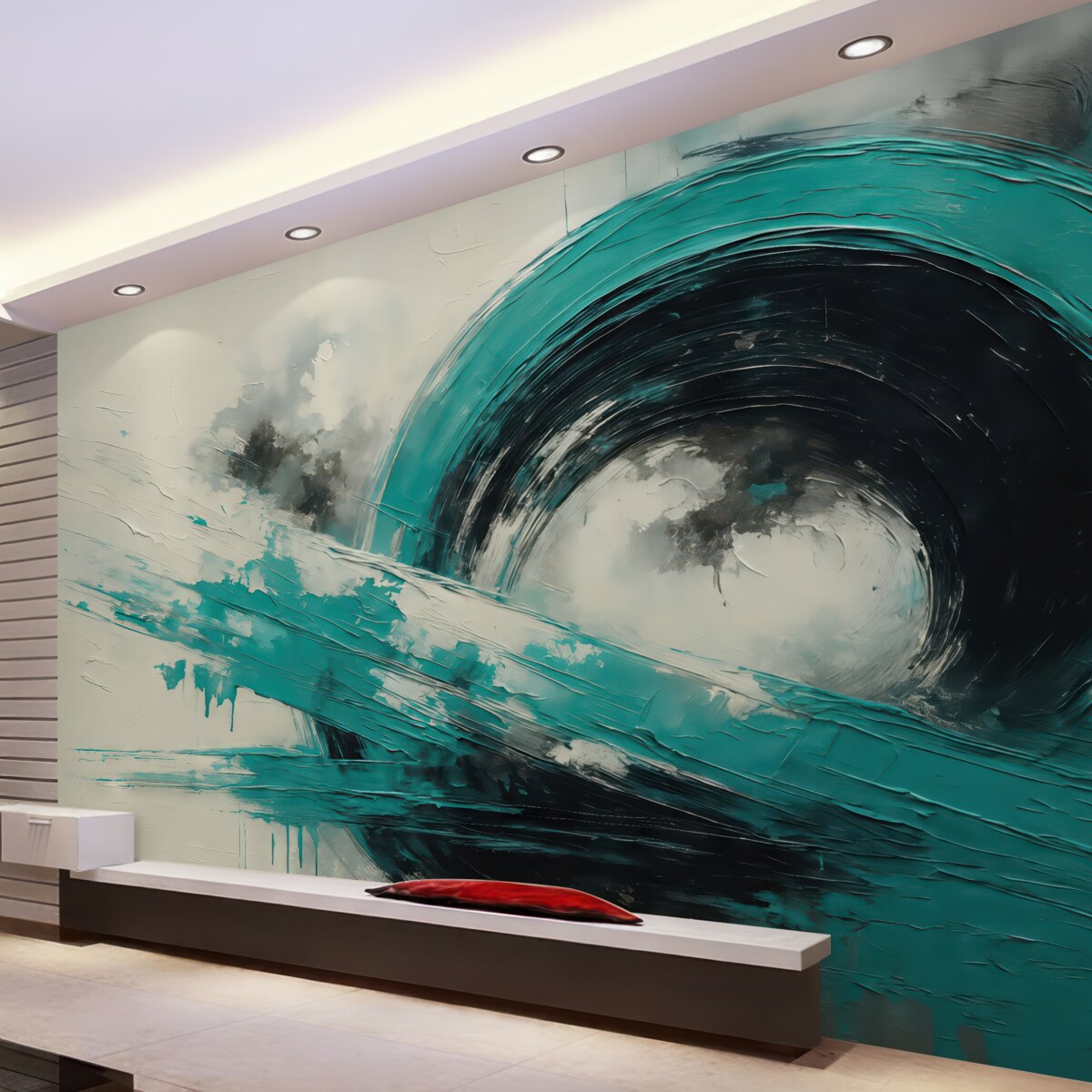 Fototapeta Abstrakcyjna okrągła forma w odcieniach turkusowo-czarnych, malarskie smugi na szarym tle z teksturowanymi rysami.