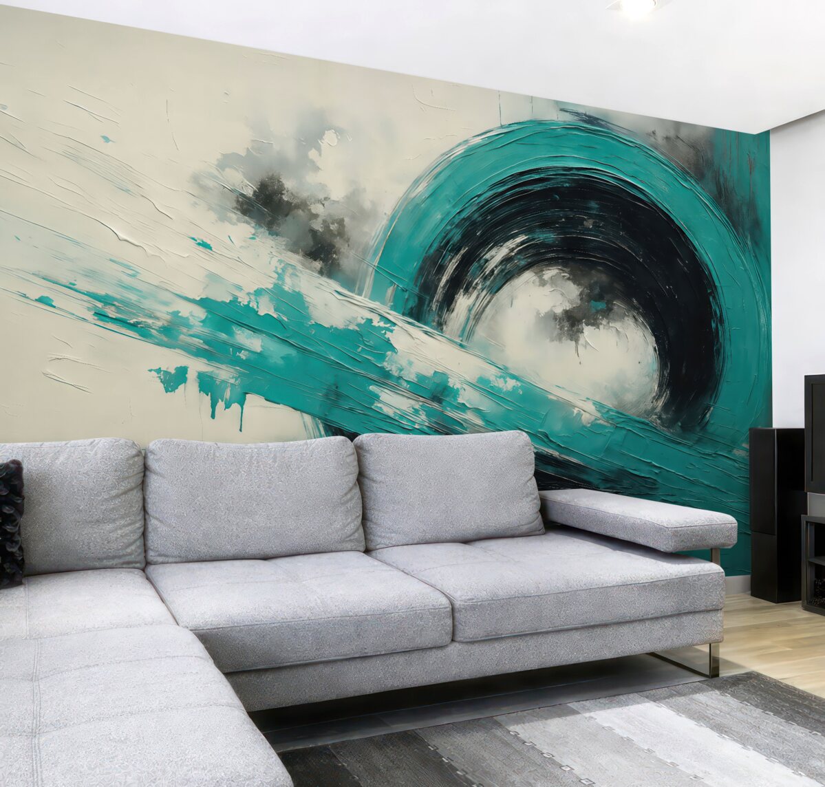 Fototapeta Abstrakcyjna okrągła forma w odcieniach turkusowo-czarnych, malarskie smugi na szarym tle z teksturowanymi rysami.