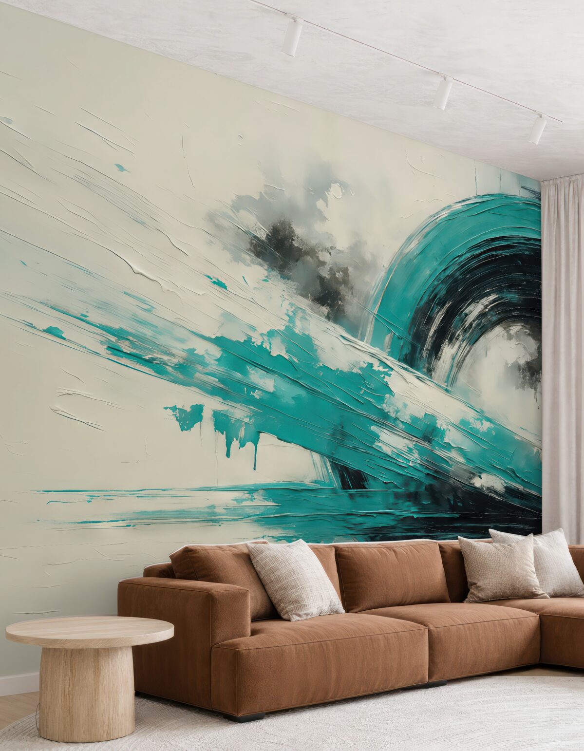 Fototapeta Abstrakcyjna okrągła forma w odcieniach turkusowo-czarnych, malarskie smugi na szarym tle z teksturowanymi rysami.