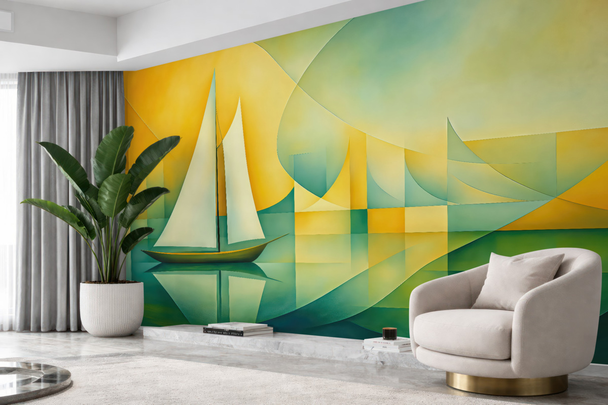 Fototapeta Biała łódź żaglowa na tle żółto-niebiesko-zielonym w stylu kubistycznym.