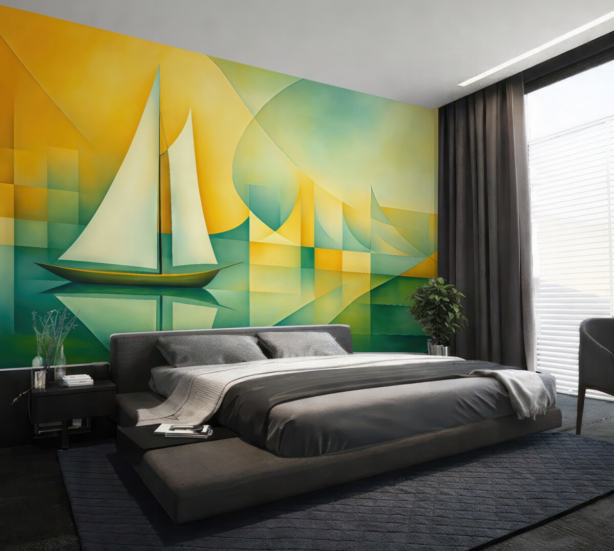 Fototapeta Biała łódź żaglowa na tle żółto-niebiesko-zielonym w stylu kubistycznym.