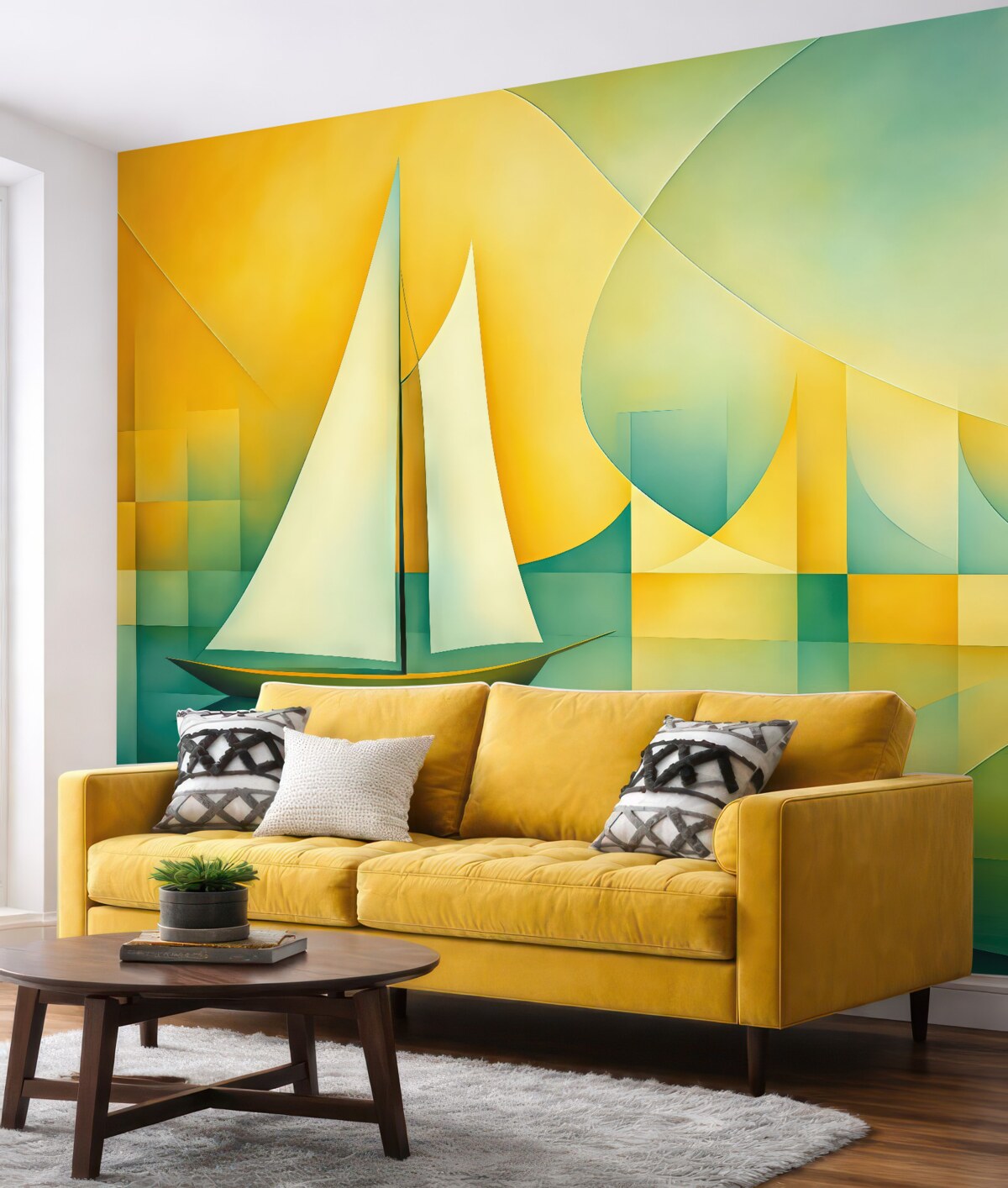 Fototapeta Biała łódź żaglowa na tle żółto-niebiesko-zielonym w stylu kubistycznym.