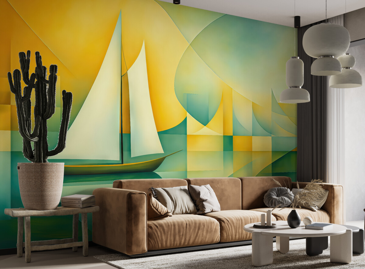 Fototapeta Biała łódź żaglowa na tle żółto-niebiesko-zielonym w stylu kubistycznym.