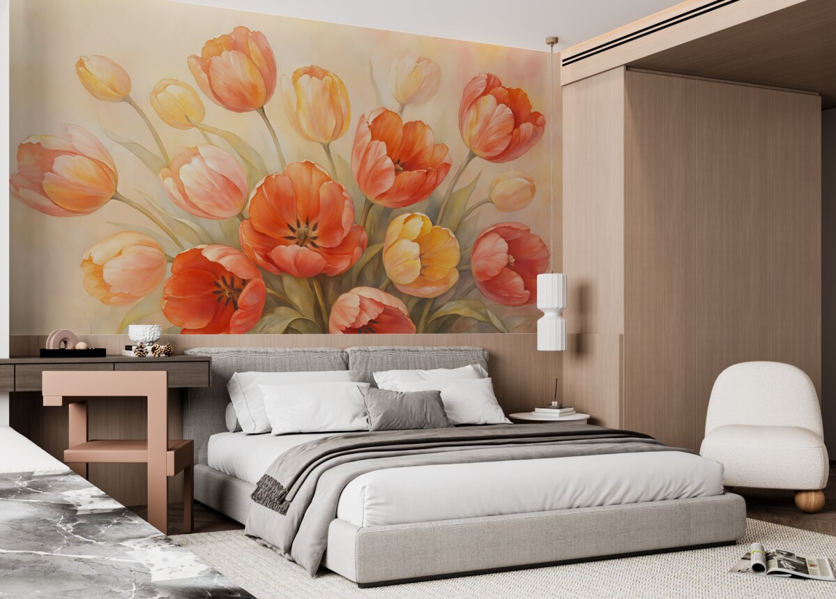 Fototapeta Świeże tulipany na różowym tle udającym