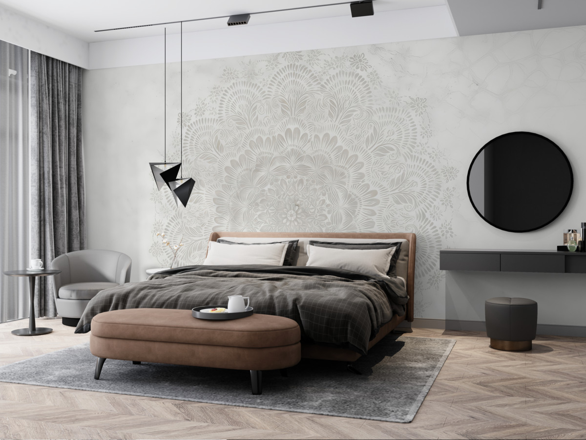 Fototapeta Mandala, jasny wzór koronkowy z elementami roślinnymi i okrągłymi, tworząca subtelny oraz skomplikowany deseń.