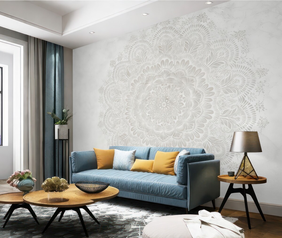 Fototapeta Mandala, jasny wzór koronkowy z elementami roślinnymi i okrągłymi, tworząca subtelny oraz skomplikowany deseń.