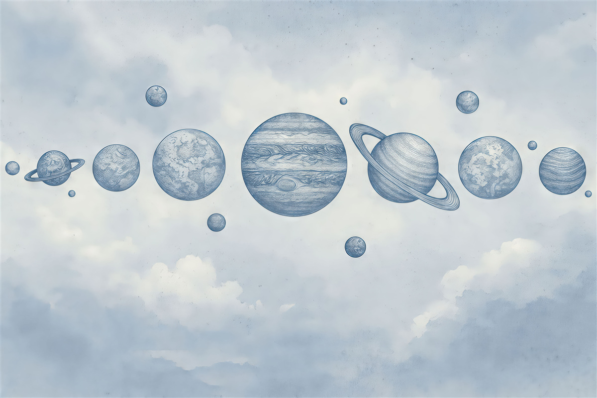 Fototapeta Wędrujące planety na zachmurzonym, pastelowym eterycznym firmamencie.