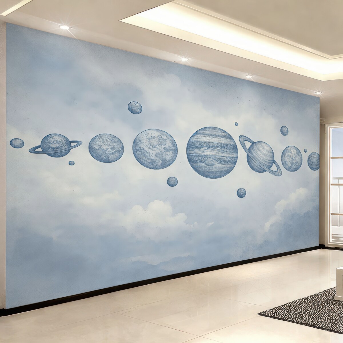 Fototapeta Wędrujące planety na zachmurzonym, pastelowym eterycznym firmamencie.