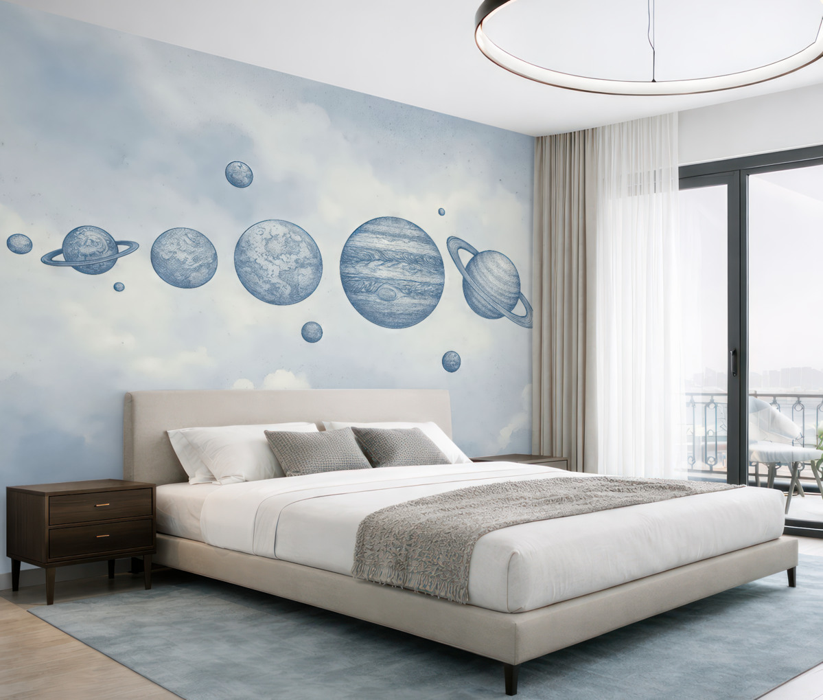 Fototapeta Wędrujące planety na zachmurzonym, pastelowym eterycznym firmamencie.