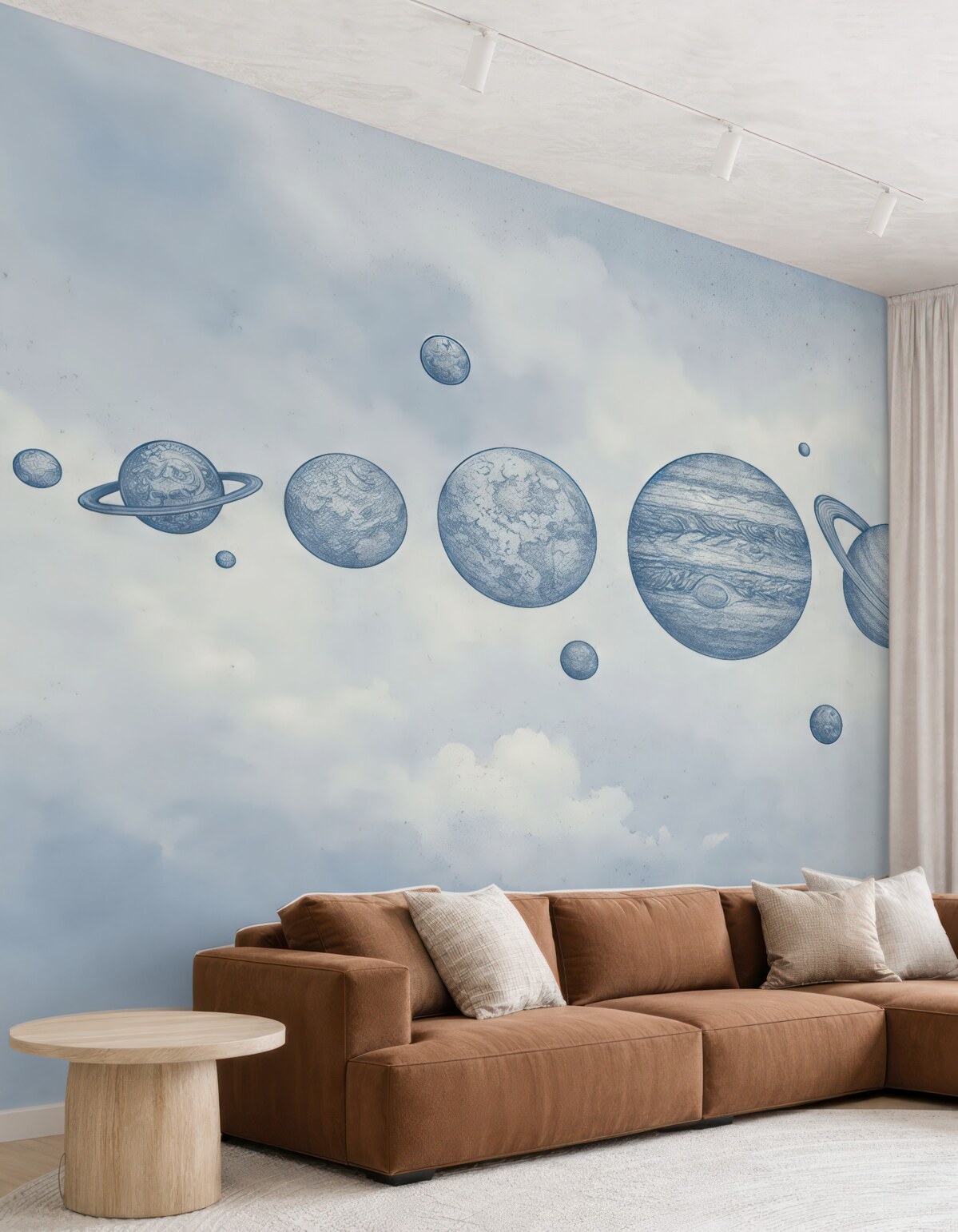 Fototapeta Wędrujące planety na zachmurzonym, pastelowym eterycznym firmamencie.