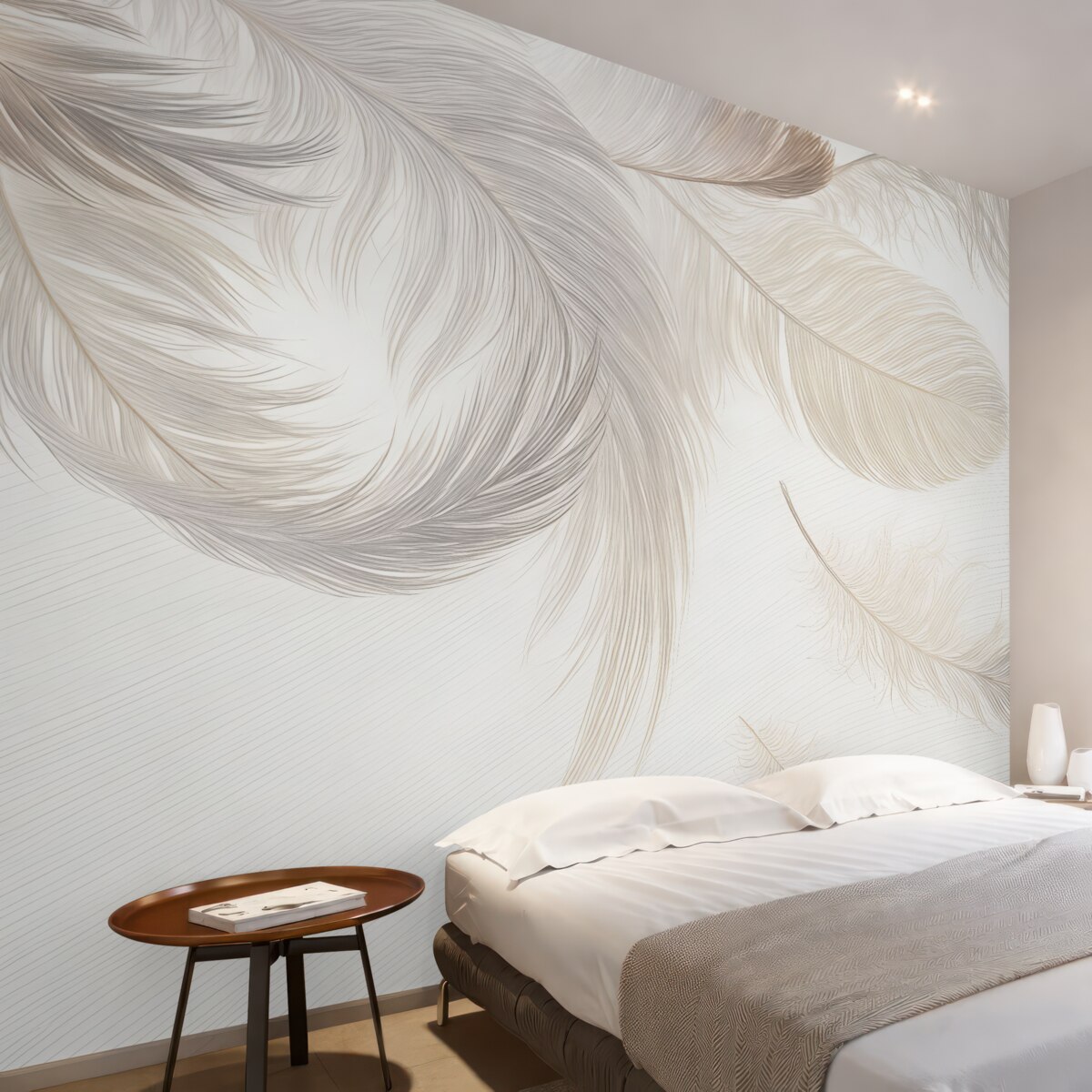 Fototapeta Miękkie, subtelne białe pióra dryfujące na jasnym tle.