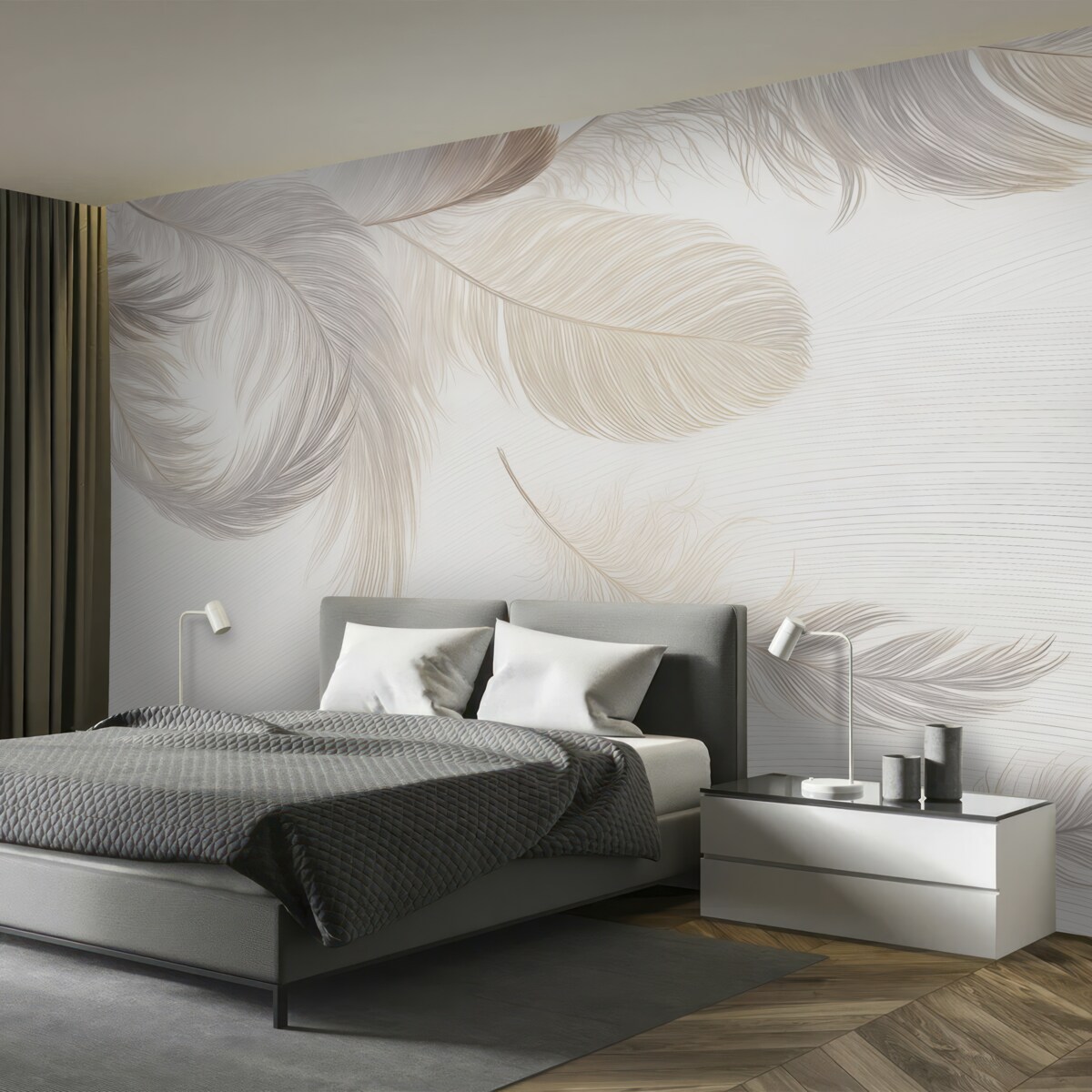 Fototapeta Miękkie, subtelne białe pióra dryfujące na jasnym tle.