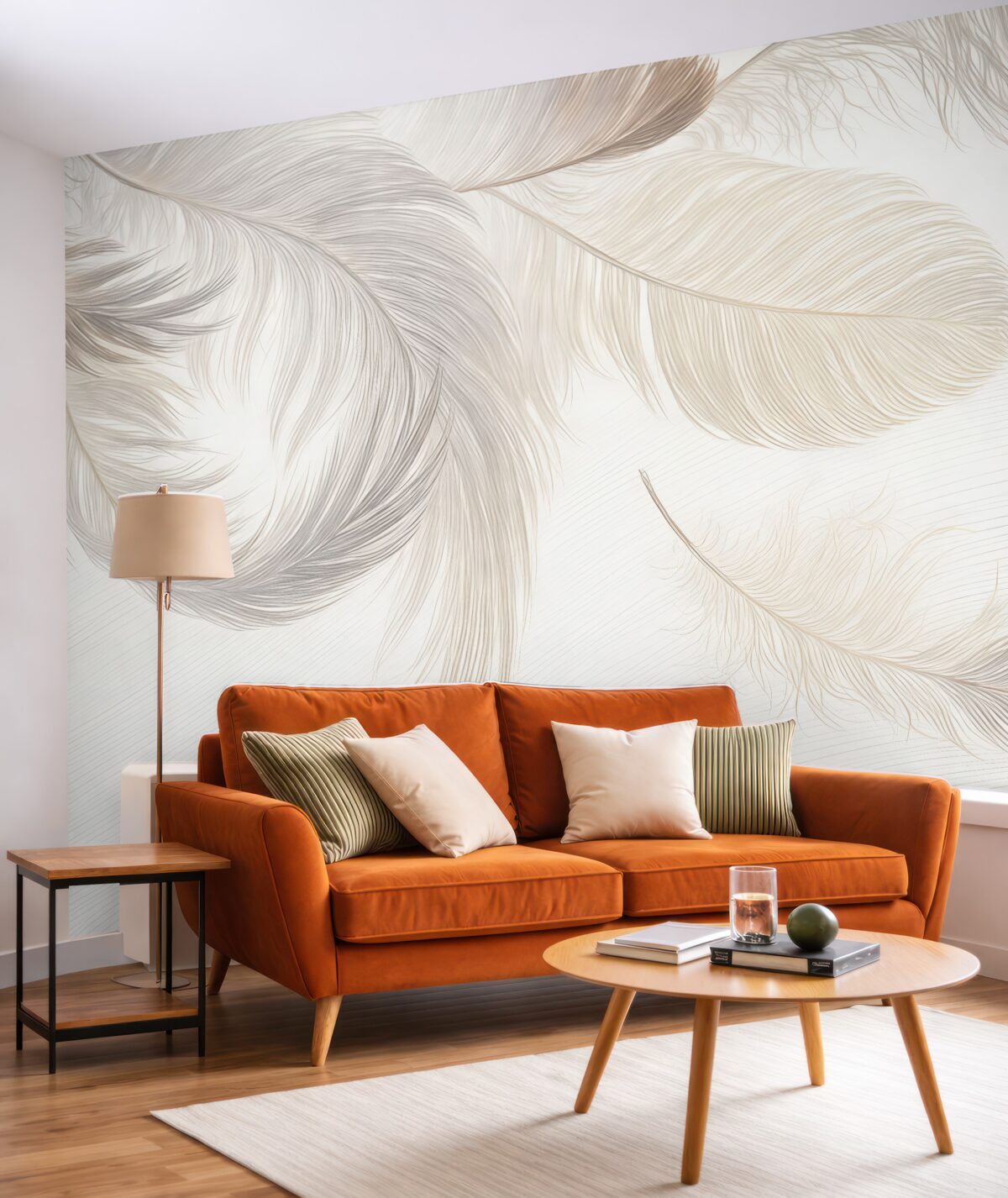 Fototapeta Miękkie, subtelne białe pióra dryfujące na jasnym tle.