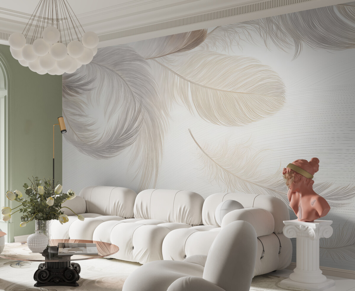 Fototapeta Miękkie, subtelne białe pióra dryfujące na jasnym tle.