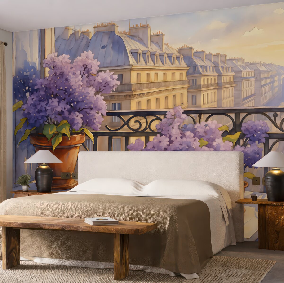 Fototapeta Kwiaty bzu w wazonach na tarasie z widokiem na budynki i dachy miasta akwarelą.