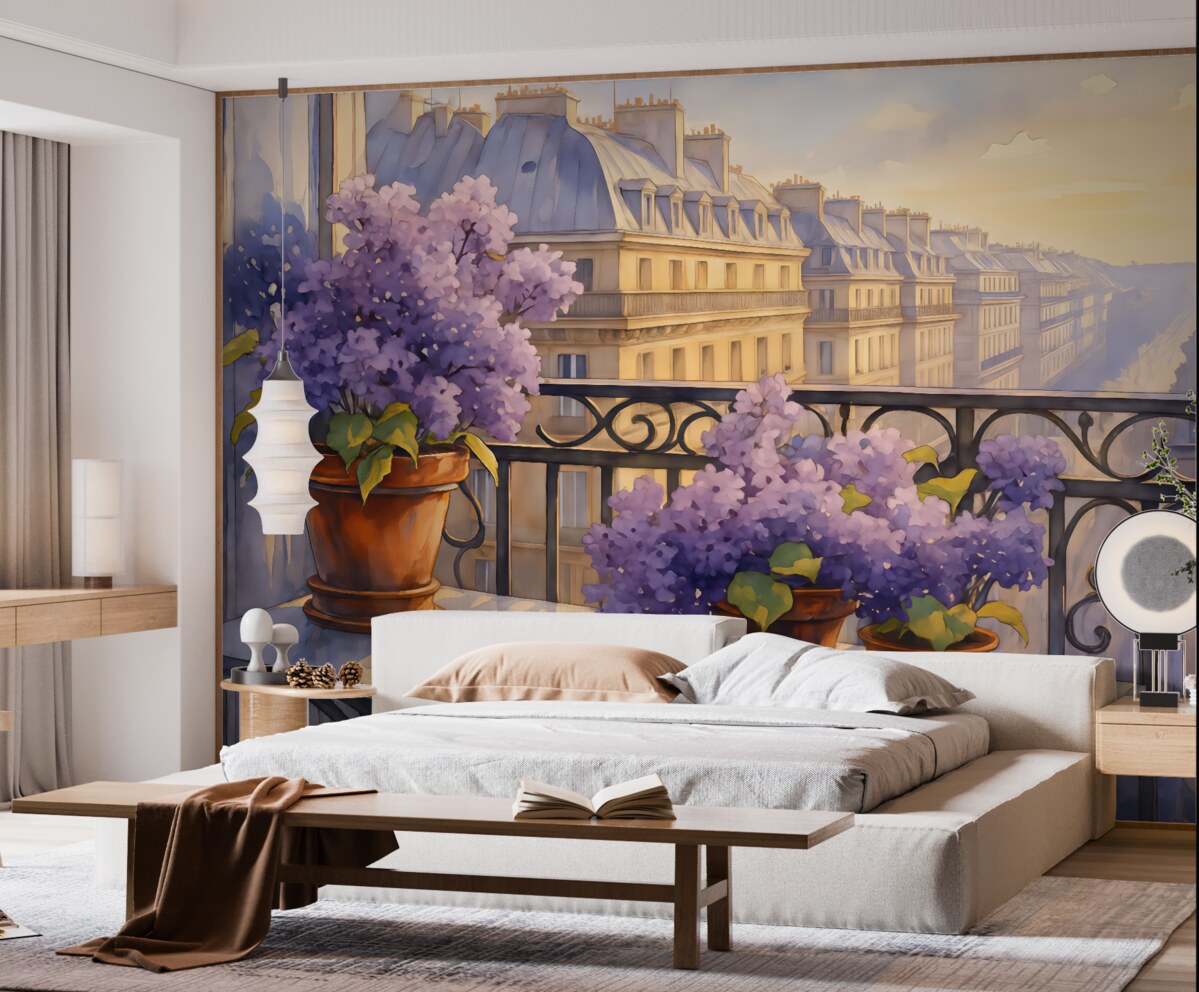 Fototapeta Kwiaty bzu w wazonach na tarasie z widokiem na budynki i dachy miasta akwarelą.