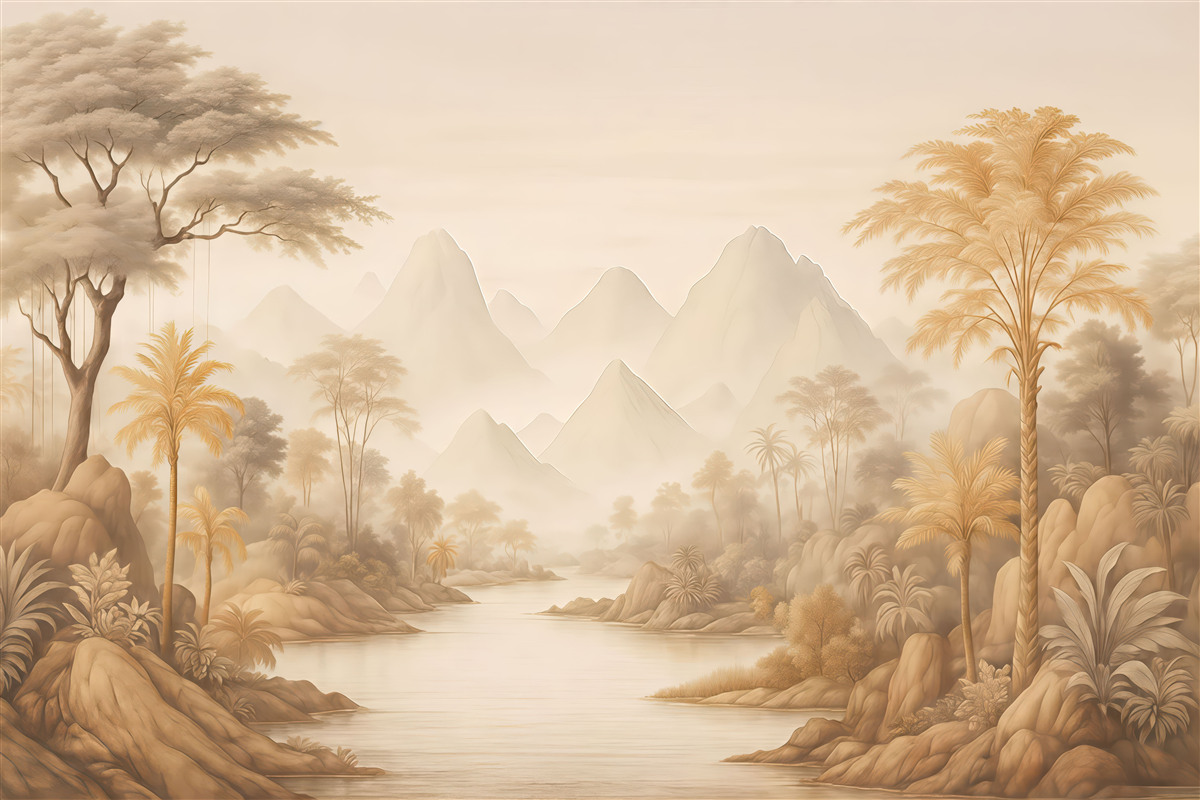 Fototapeta Krajobraz retro z drzewami, palmami przy rzece na tle gór.