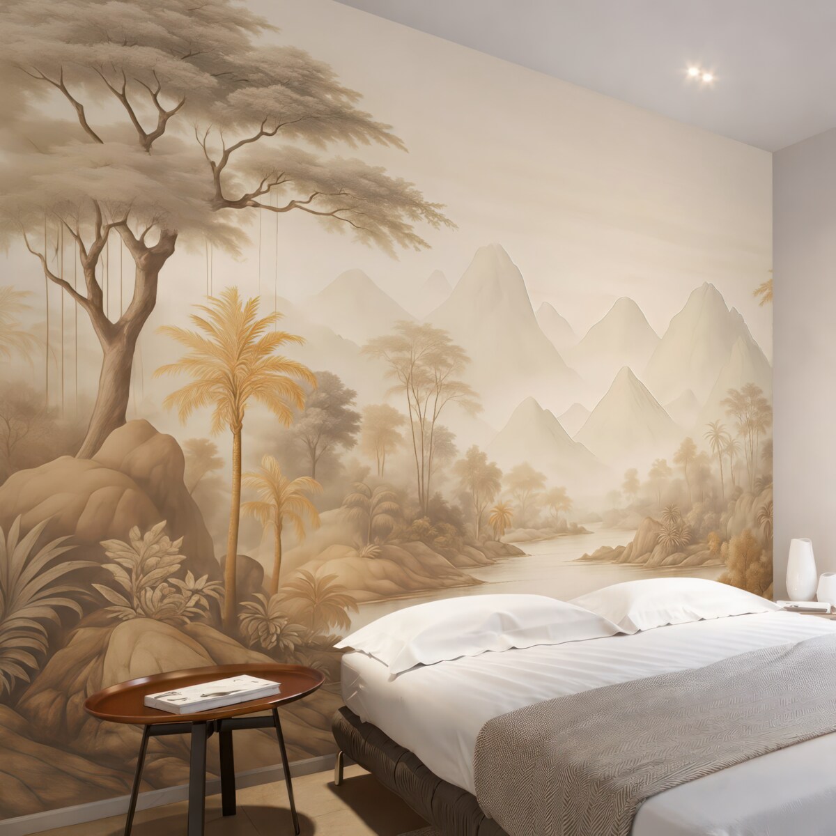 Fototapeta Krajobraz retro z drzewami, palmami przy rzece na tle gór.