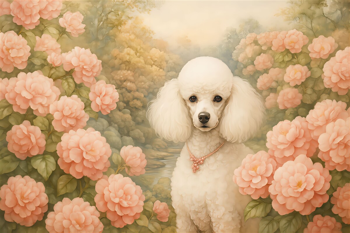 Fototapeta Biały pudel w różowych kwiatach hortensji w parku.