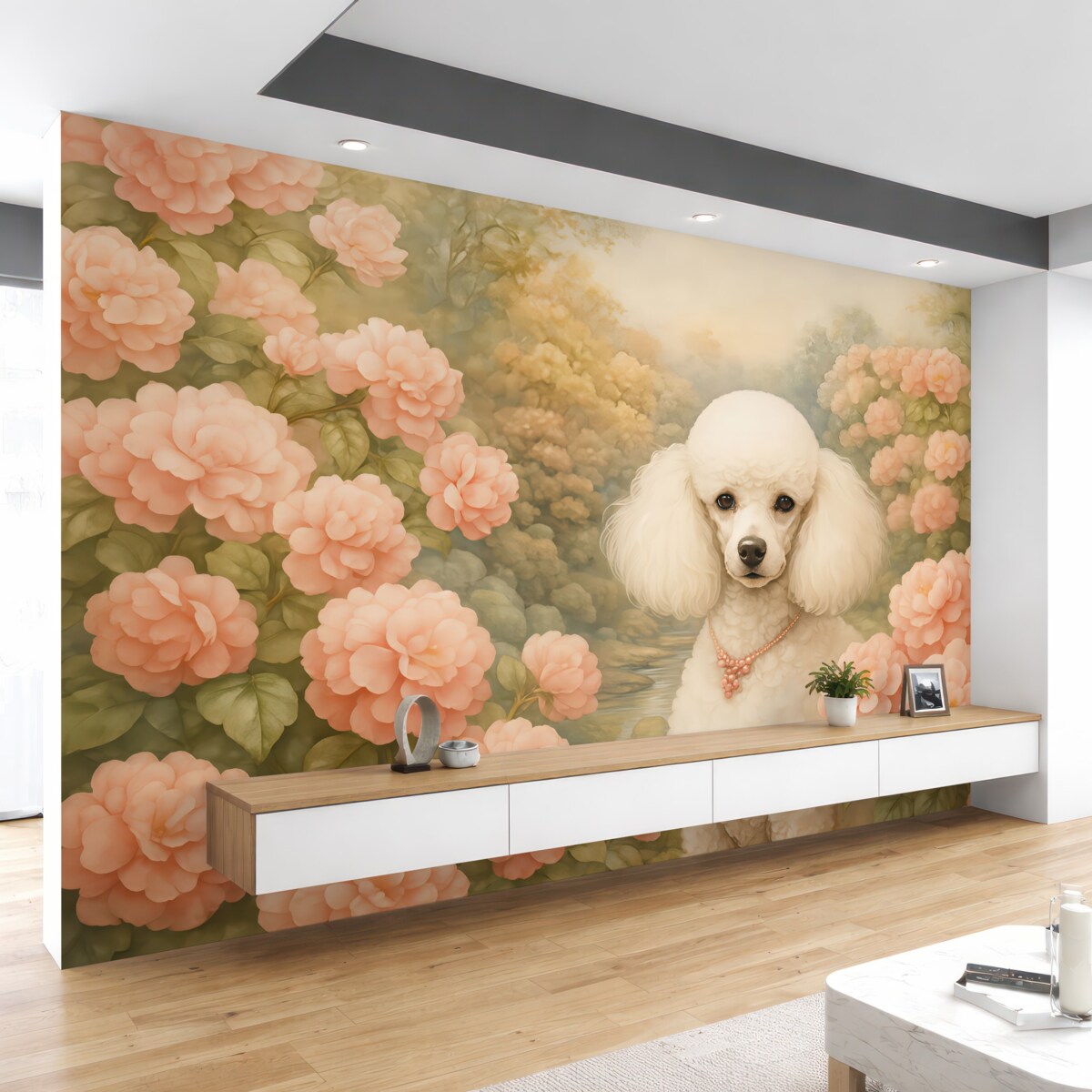 Fototapeta Biały pudel w różowych kwiatach hortensji w parku.