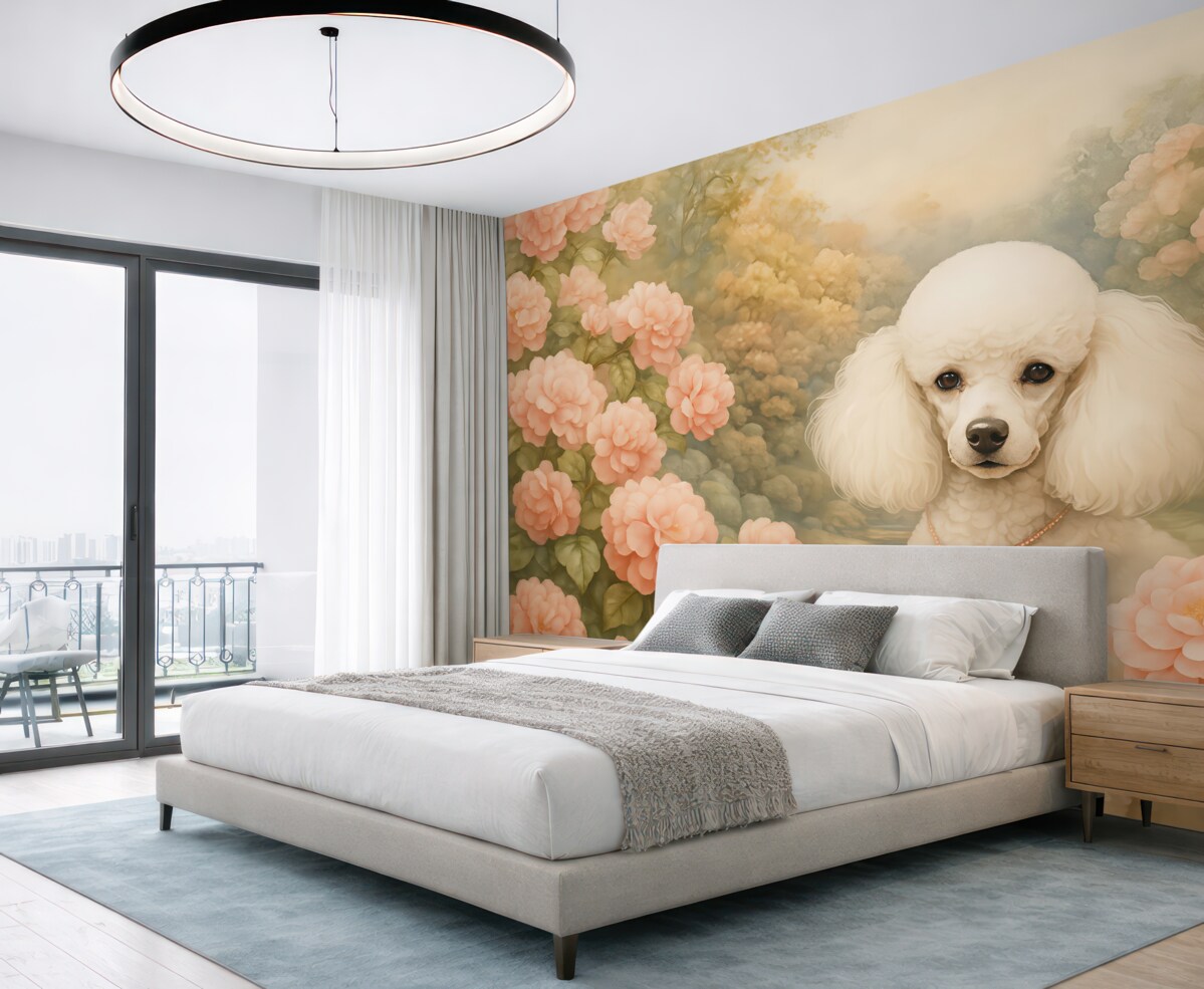 Fototapeta Biały pudel w różowych kwiatach hortensji w parku.