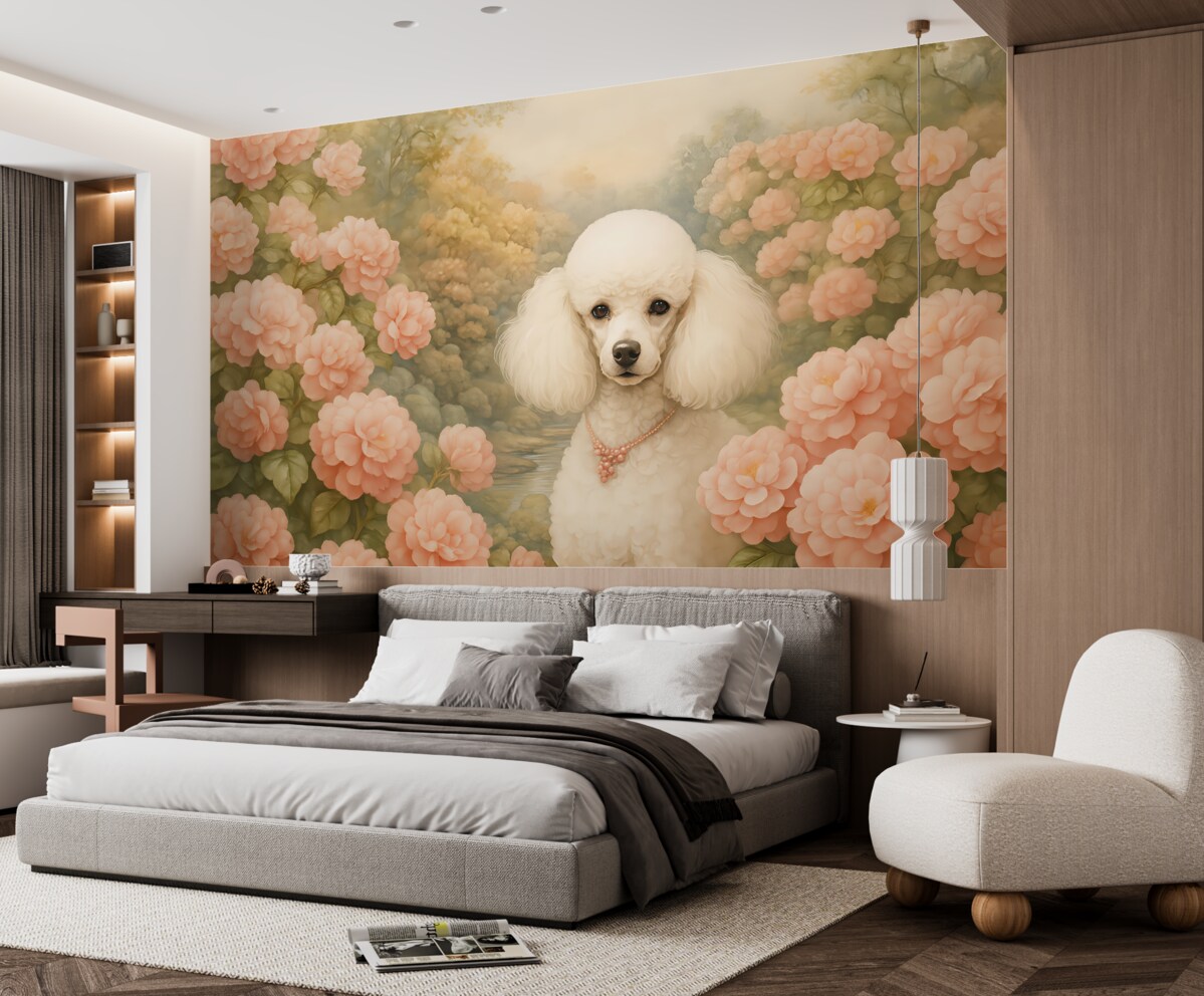 Fototapeta Biały pudel w różowych kwiatach hortensji w parku.