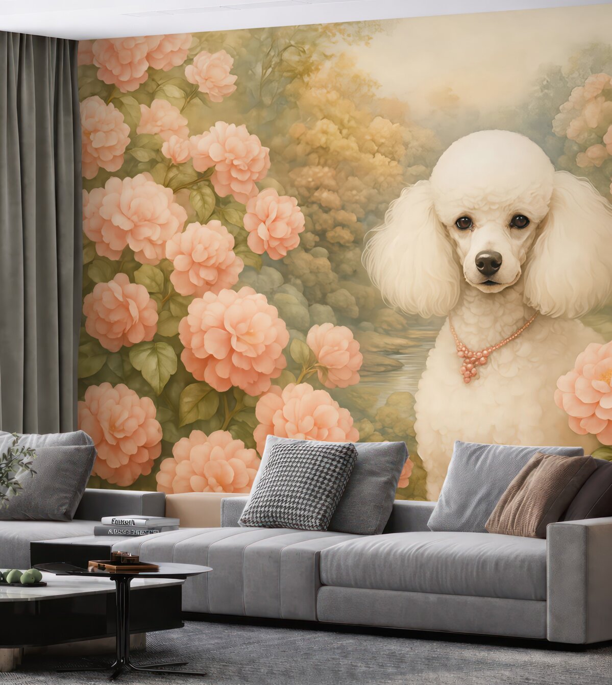 Fototapeta Biały pudel w różowych kwiatach hortensji w parku.