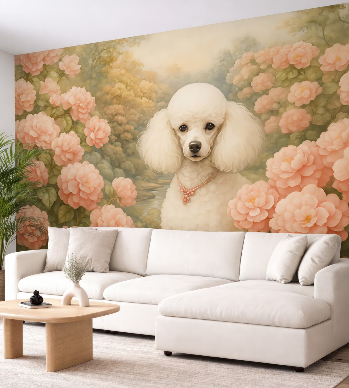 Fototapeta Biały pudel w różowych kwiatach hortensji w parku.