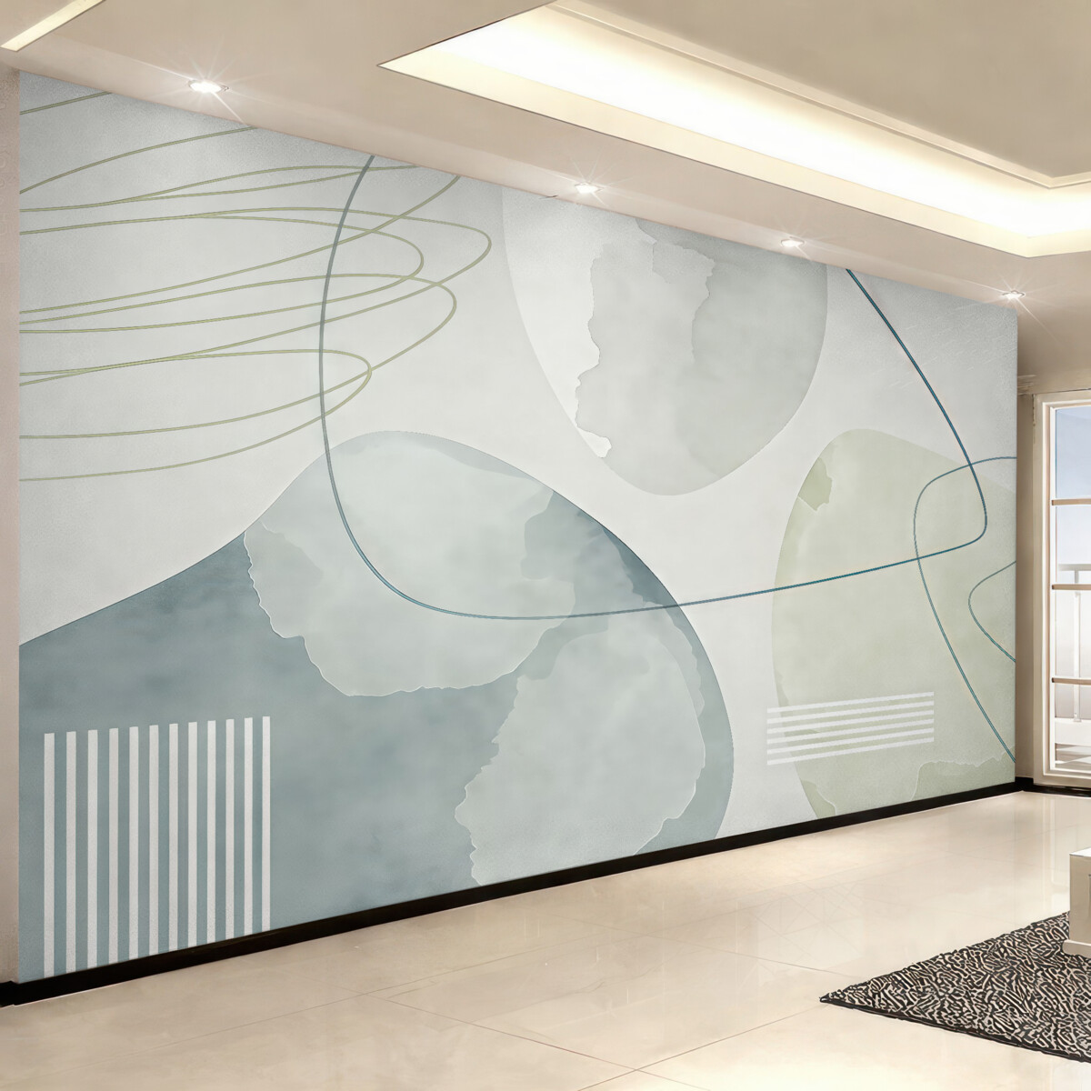 Fototapeta Plamy akwarelowe, styl boho, kształty geometryczne, faktura, linie, pasy, kolor niebieski, szary, biały.