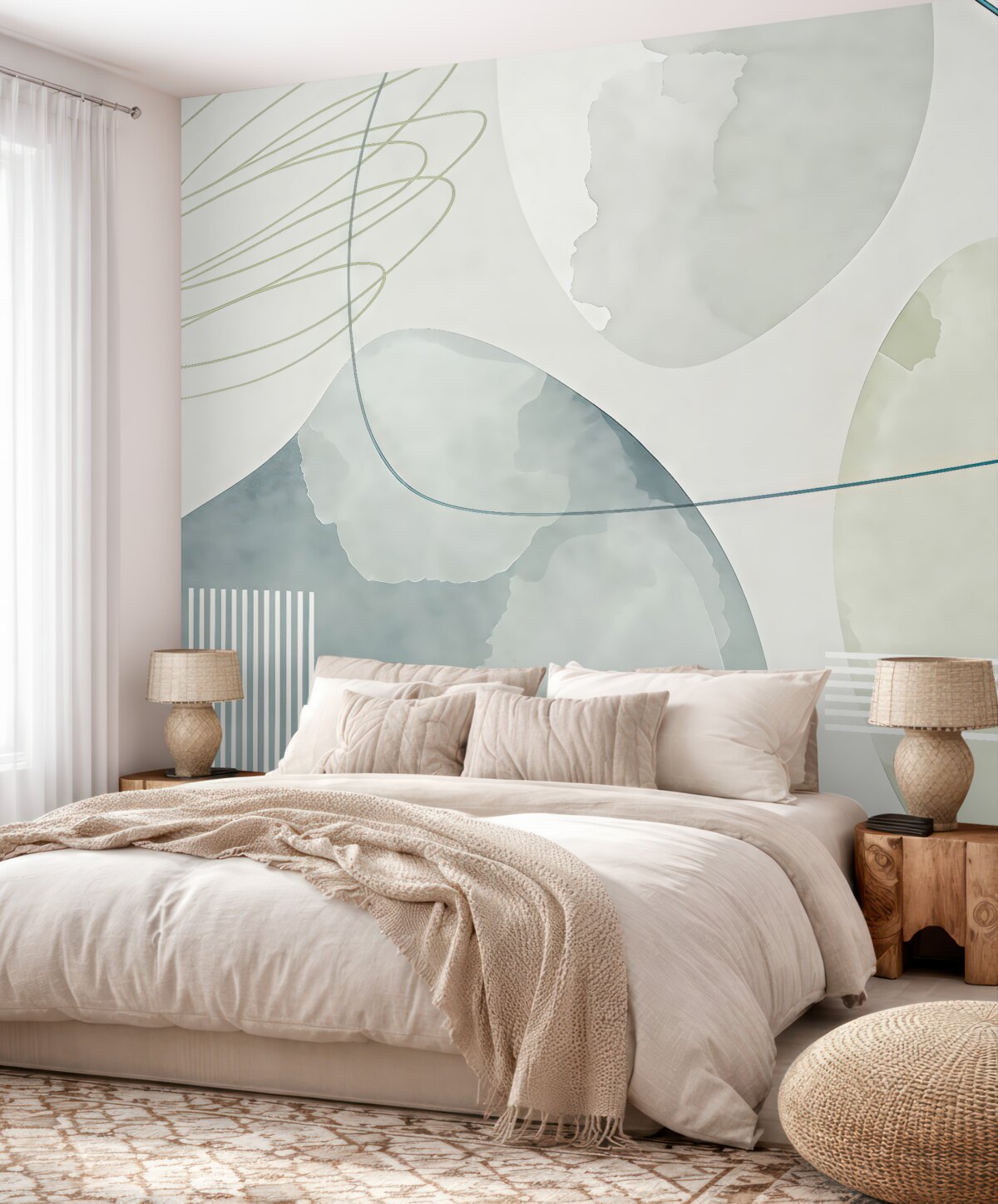 Fototapeta Plamy akwarelowe, styl boho, kształty geometryczne, faktura, linie, pasy, kolor niebieski, szary, biały.