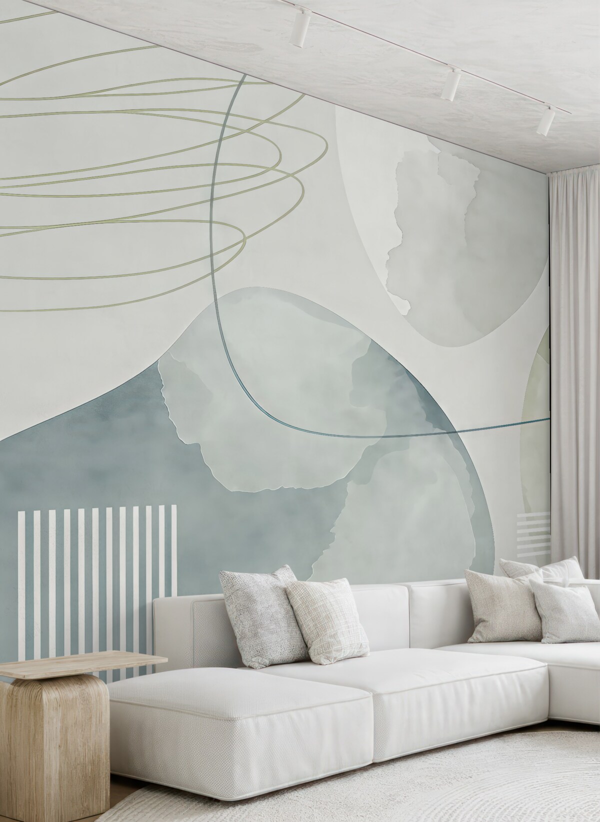 Fototapeta Plamy akwarelowe, styl boho, kształty geometryczne, faktura, linie, pasy, kolor niebieski, szary, biały.