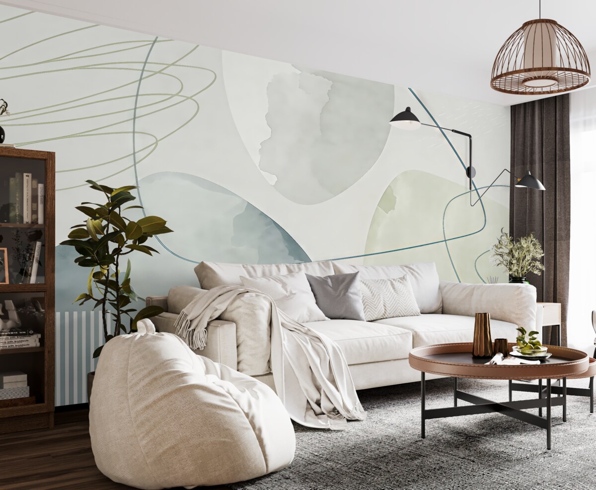 Fototapeta Plamy akwarelowe, styl boho, kształty geometryczne, faktura, linie, pasy, kolor niebieski, szary, biały.