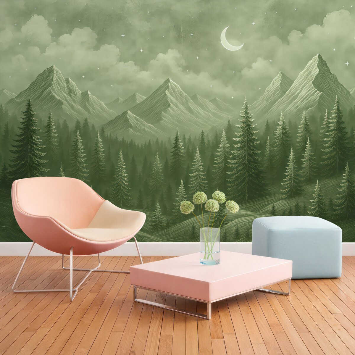 Fototapeta Góry i las, kontur linii, pejzaże naturalne, obłoki, miesiąc, odcienie zieleni.