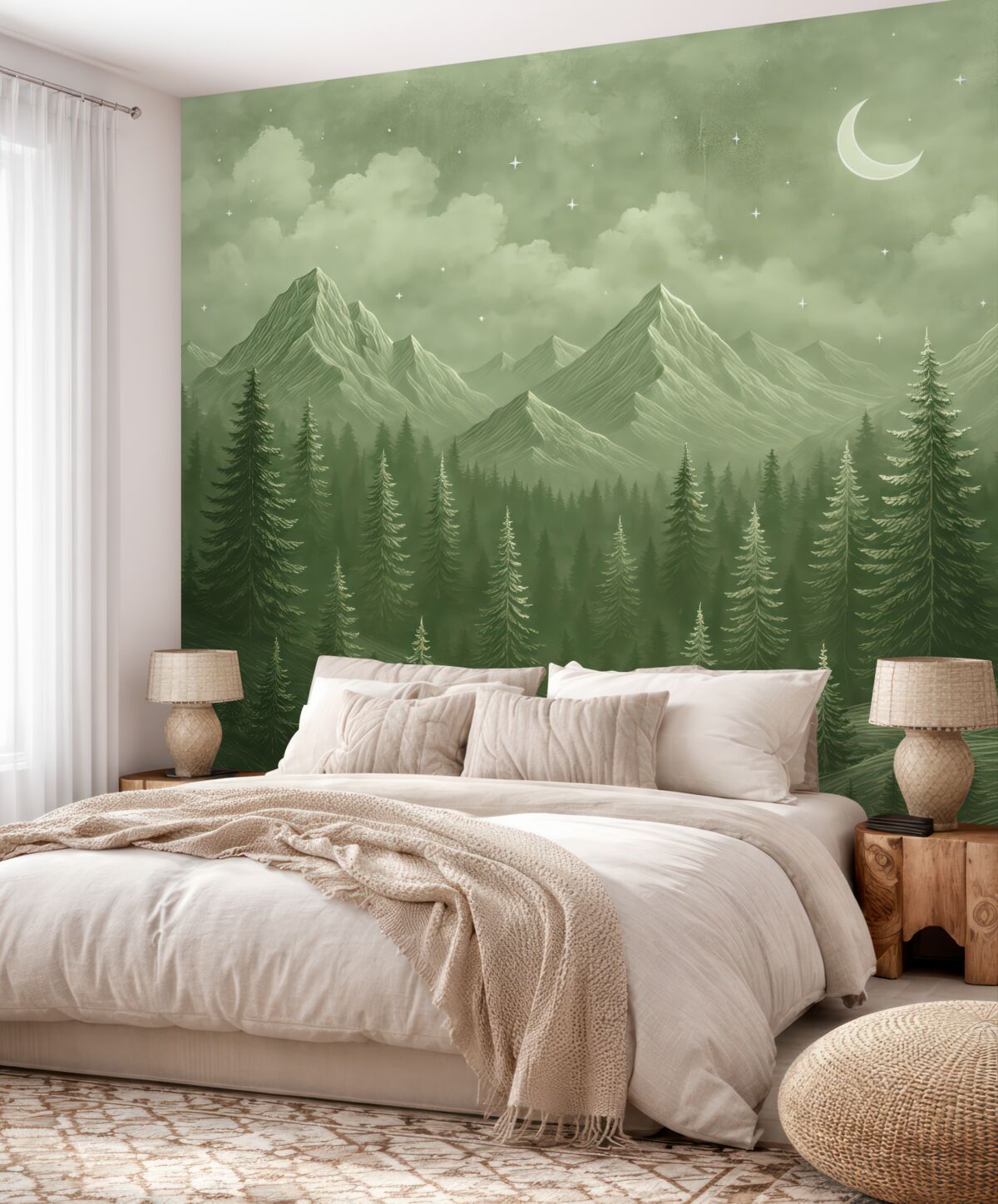 Fototapeta Góry i las, kontur linii, pejzaże naturalne, obłoki, miesiąc, odcienie zieleni.