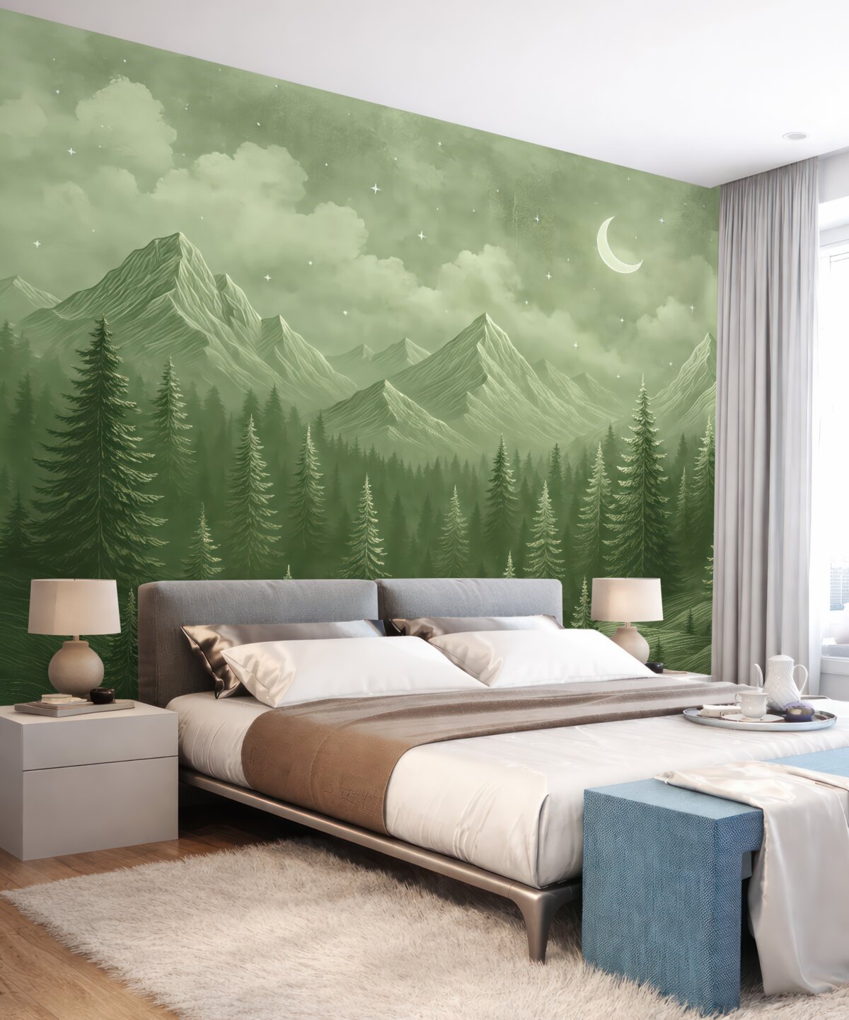 Fototapeta Góry i las, kontur linii, pejzaże naturalne, obłoki, miesiąc, odcienie zieleni.