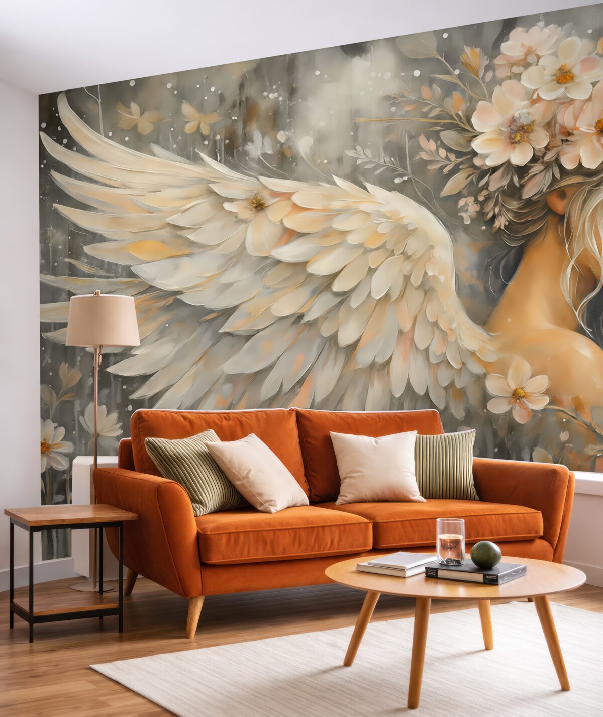 Fototapeta Anioł dziewczyna na szarym tle namalowana olejem.