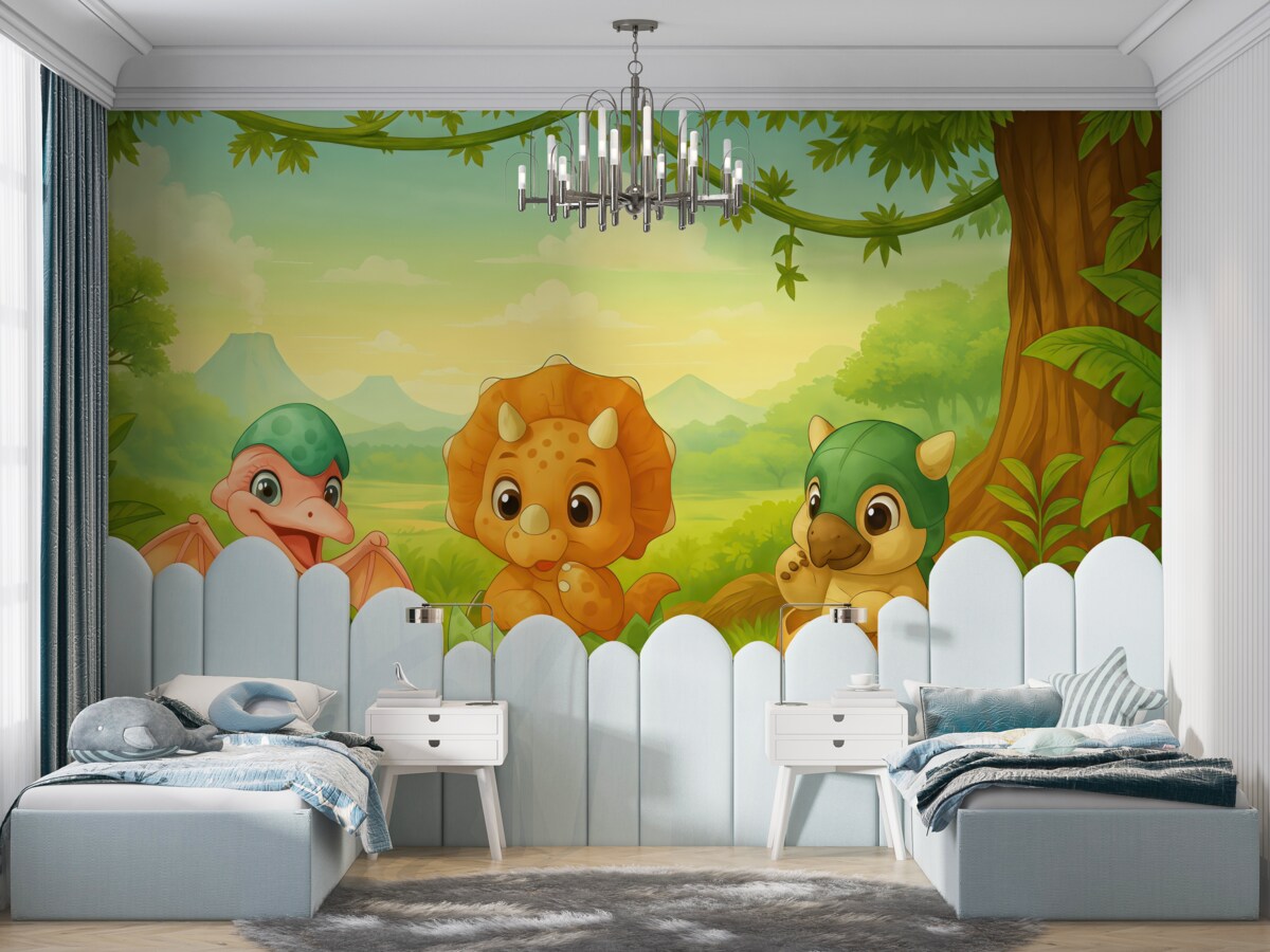 Fototapeta małe dinozaury w skorupach jaj, na skałach, w górach, na zielonej trawie