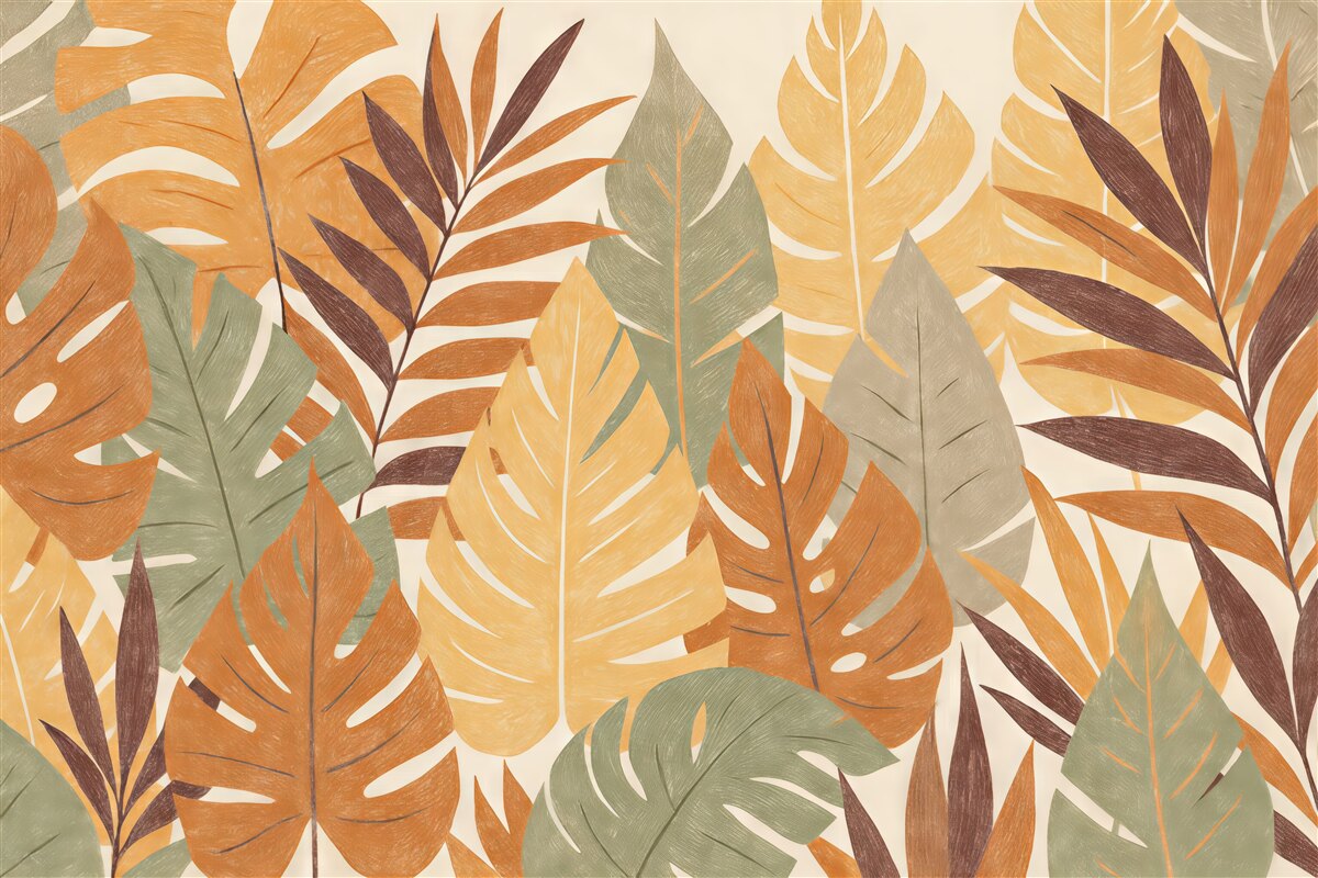 Fototapeta Liście palmowe, tropiki, ołówek naśladujący kształt rośliny, kwiat, zielony, pomarańczowy, szary, fioletowo-czerwony, barwa.