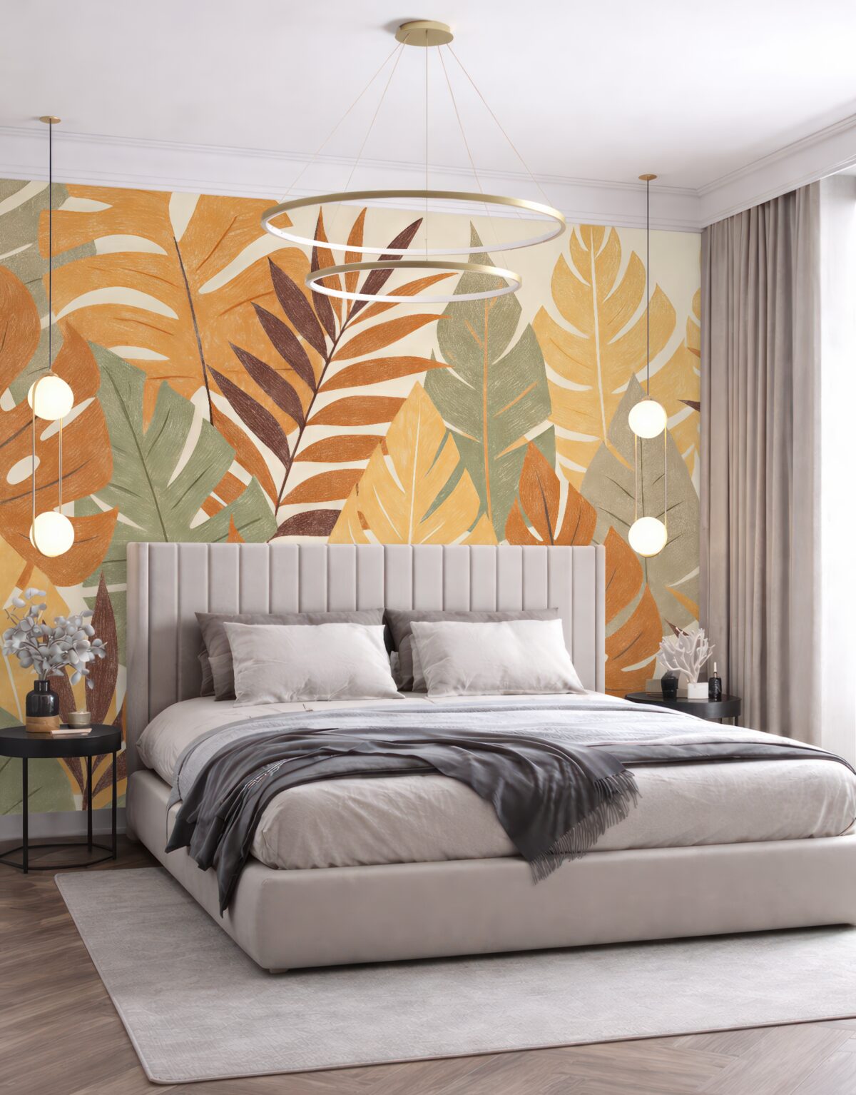 Fototapeta Liście palmowe, tropiki, ołówek naśladujący kształt rośliny, kwiat, zielony, pomarańczowy, szary, fioletowo-czerwony, barwa.