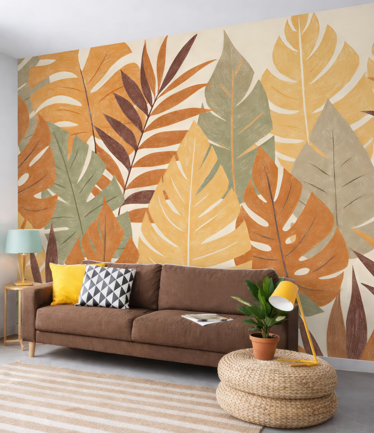 Fototapeta Liście palmowe, tropiki, ołówek naśladujący kształt rośliny, kwiat, zielony, pomarańczowy, szary, fioletowo-czerwony, barwa.