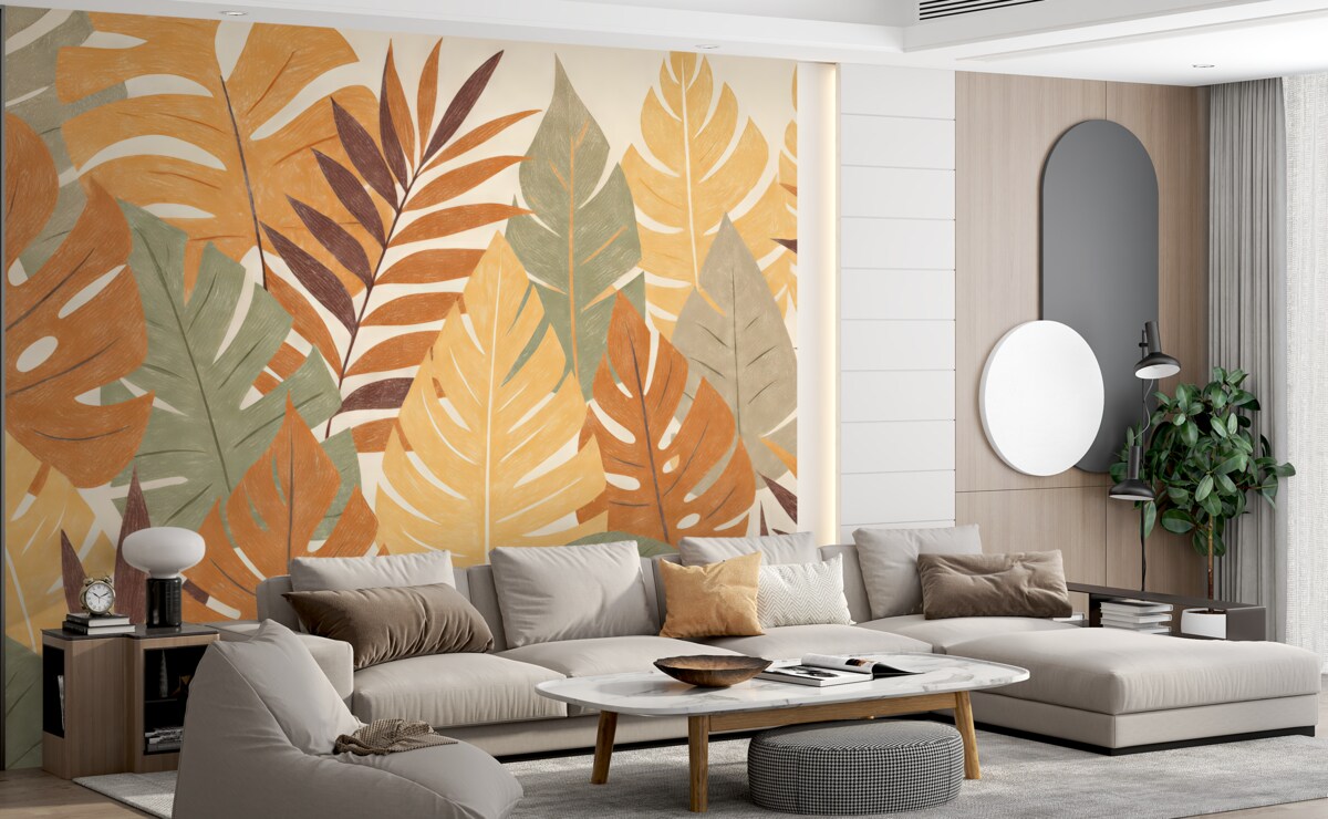 Fototapeta Liście palmowe, tropiki, ołówek naśladujący kształt rośliny, kwiat, zielony, pomarańczowy, szary, fioletowo-czerwony, barwa.