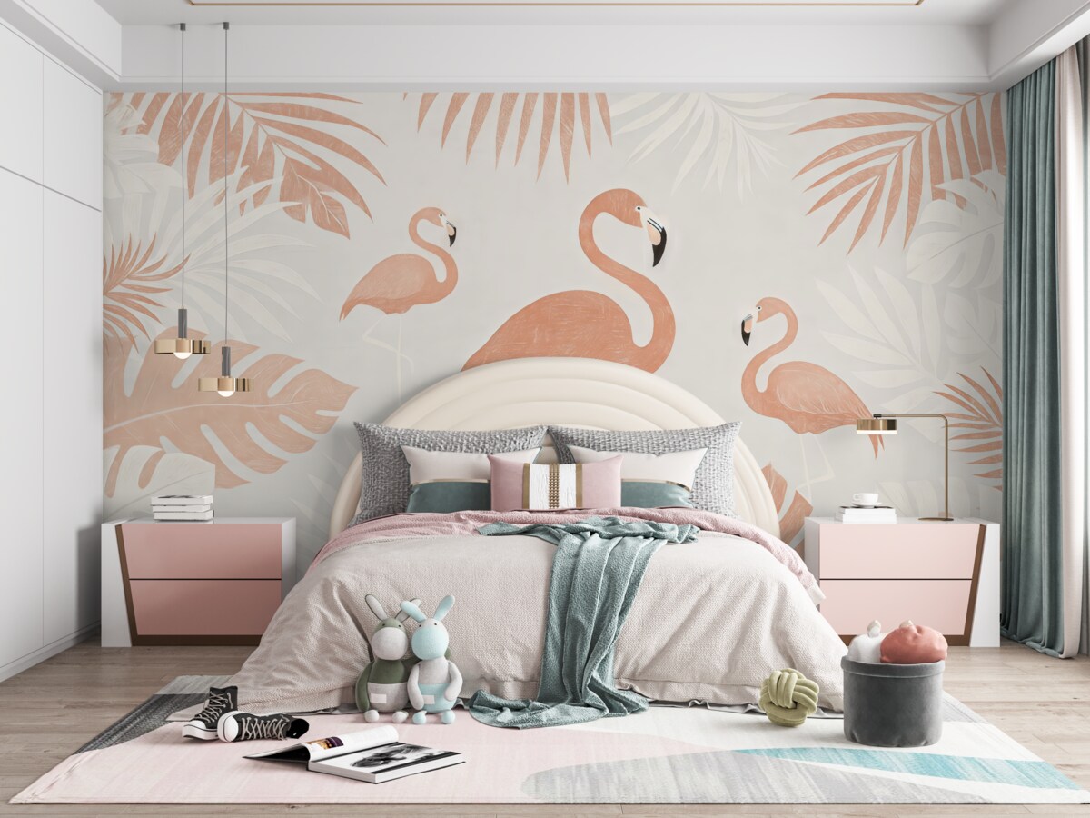 Fototapeta Flamingi pośród tropikalnych liści.