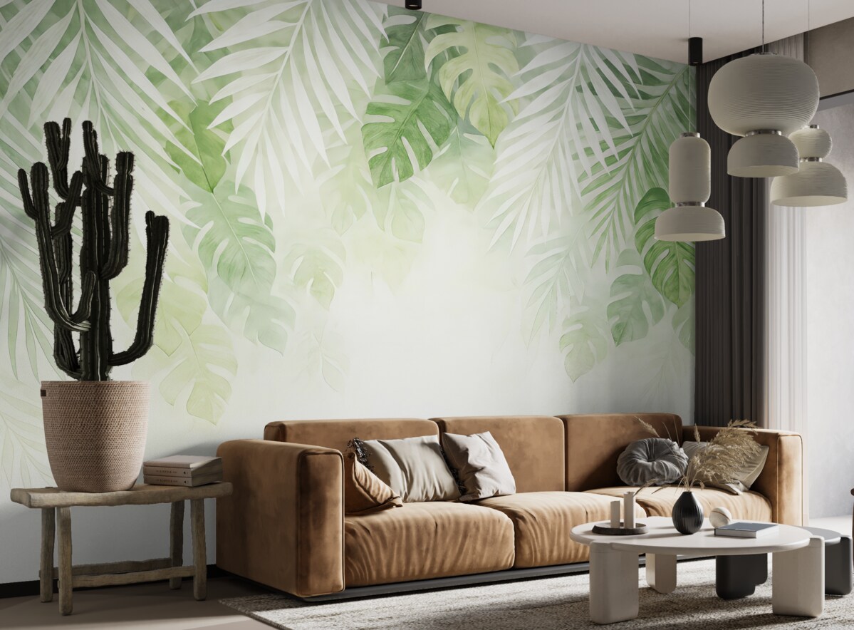 Fototapeta Liście tropikalne oraz gałązki, barwa biała i zielona.