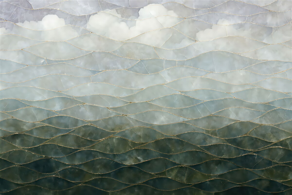 Fototapeta Teksturowany mglisty, pagórkowaty abstrakcyjny pejzaż gradientowy z toczonymi zielonymi łąkami przez mgłę.