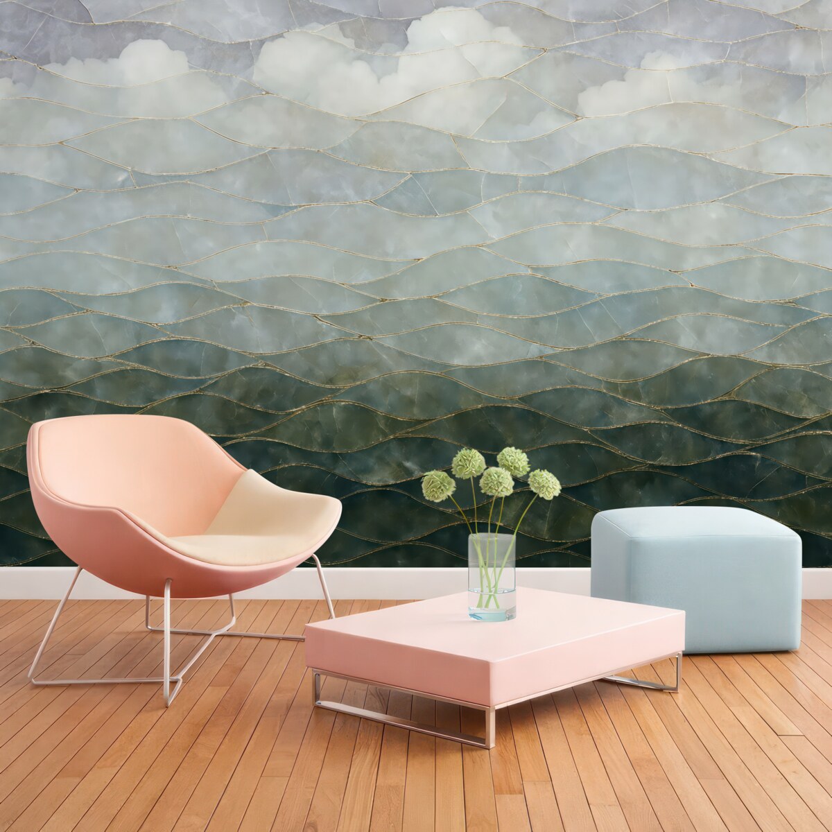 Fototapeta Teksturowany mglisty, pagórkowaty abstrakcyjny pejzaż gradientowy z toczonymi zielonymi łąkami przez mgłę.