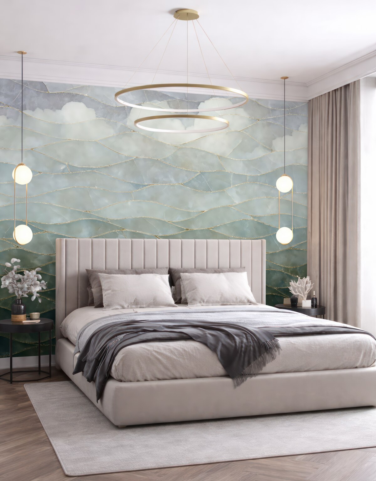 Fototapeta Teksturowany mglisty, pagórkowaty abstrakcyjny pejzaż gradientowy z toczonymi zielonymi łąkami przez mgłę.