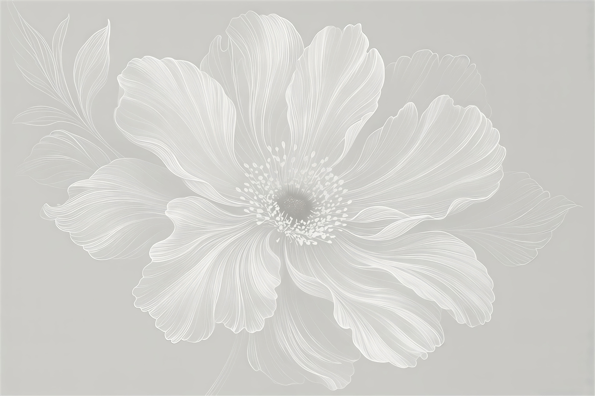 Fototapeta Zbliżenie dużego białego kwiatu z subtelnymi, wyrafinowanymi płatkami na jasnoszarym tle.