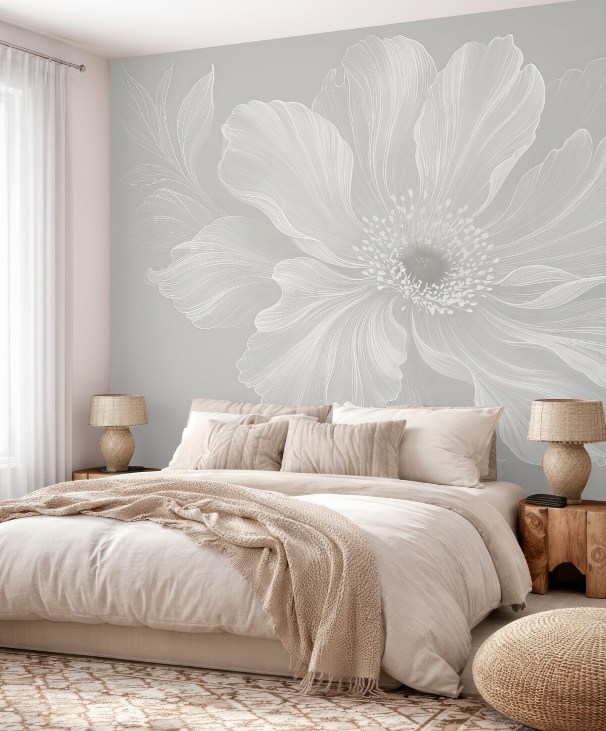 Fototapeta Zbliżenie dużego białego kwiatu z subtelnymi, wyrafinowanymi płatkami na jasnoszarym tle.